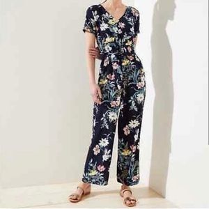 LOFT Blue Floral Short Sleeve Jumpsuit